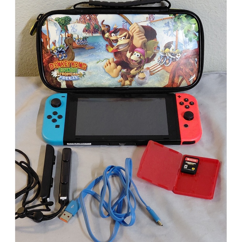 Nintendo Switch HAC-001 V1 Neon Red Blue Joy-Con GTA Trilogy Game Bundle